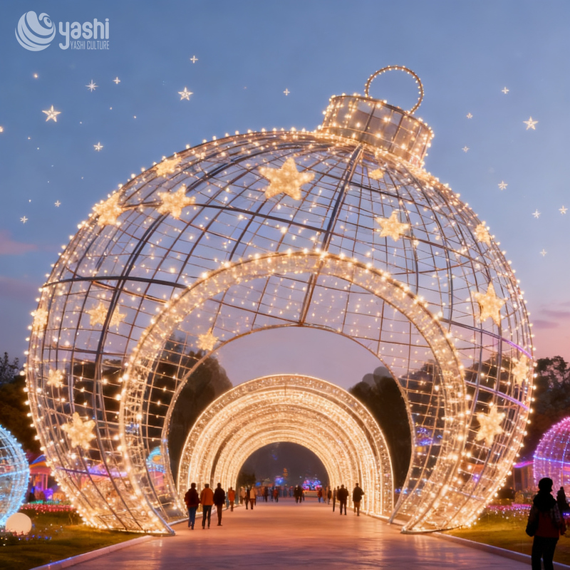 Custom Giant Christmas Ball LED Light Arch Tunnel, Outdoor Waterproof Wireframe Motif Light for Park & Shopping Mall Decor