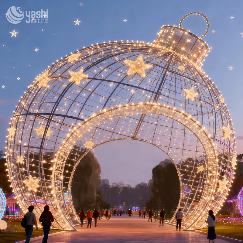 Custom Giant Christmas Ball LED Light Arch Tunnel, Outdoor Waterproof Wireframe Motif Light for Park & Shopping Mall Decor