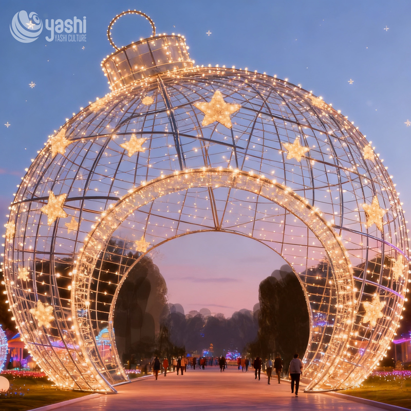 Custom Giant Christmas Ball LED Light Arch Tunnel, Outdoor Waterproof Wireframe Motif Light for Park & Shopping Mall Decor
