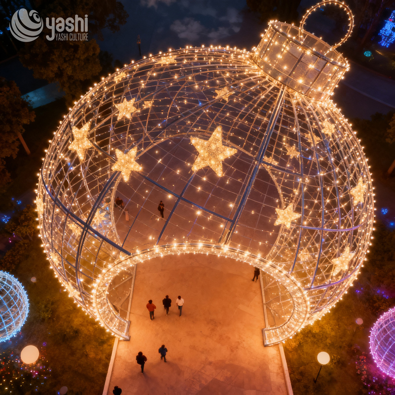 Custom Giant Christmas Ball LED Light Arch Tunnel, Outdoor Waterproof Wireframe Motif Light for Park & Shopping Mall Decor