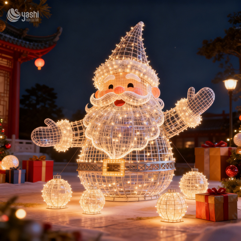 Giant Wireframe Santa Claus LED Light Sculpture, Outdoor Large Christmas Motif Light for Light Festival Exhibition