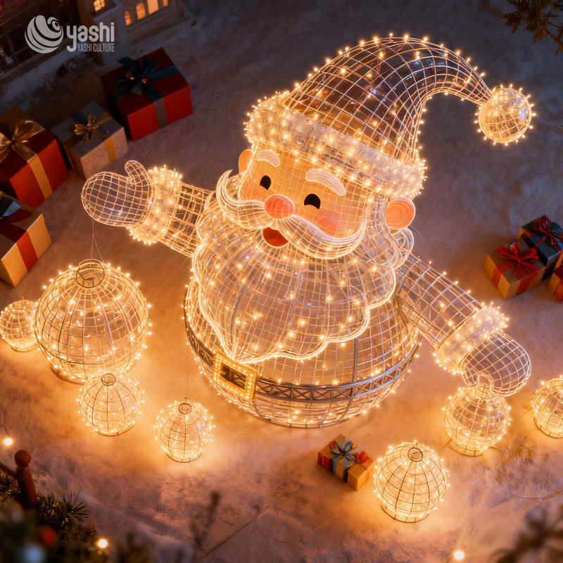 Giant Wireframe Santa Claus LED Light Sculpture, Outdoor Large Christmas Motif Light for Light Festival Exhibition