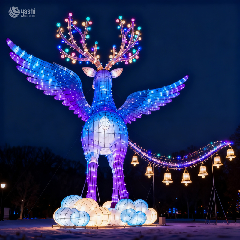 Custom Giant Winged Fantasy Deer Zigong Lantern, Large LED Mythical Animal Light Sculpture for Outdoor Night Festival