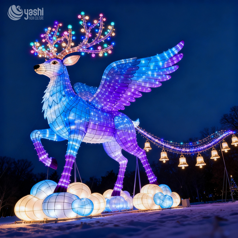 Custom Giant Winged Fantasy Deer Zigong Lantern, Large LED Mythical Animal Light Sculpture for Outdoor Night Festival