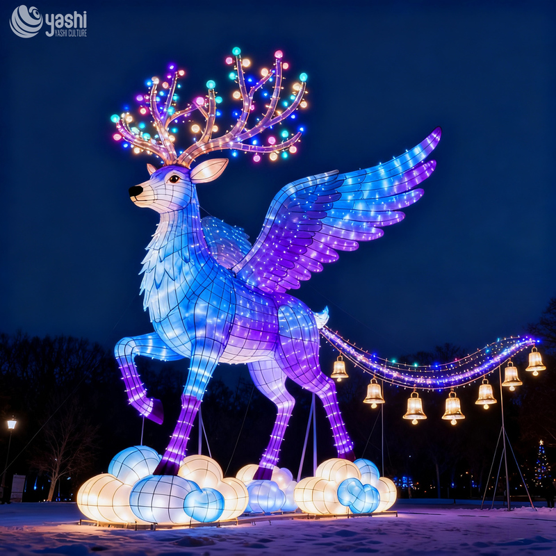 Custom Giant Winged Fantasy Deer Zigong Lantern, Large LED Mythical Animal Light Sculpture for Outdoor Night Festival