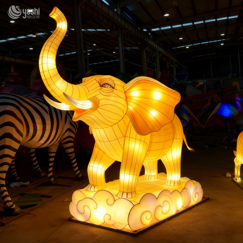 Custom Elephant LED Lantern, Realistic Animal Light Sculpture with Cloud Base for Zoo & Theme Park Lantern Exhibition