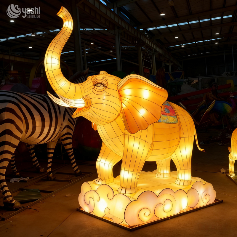 Custom Elephant LED Lantern, Realistic Animal Light Sculpture with Cloud Base for Zoo & Theme Park Lantern Exhibition