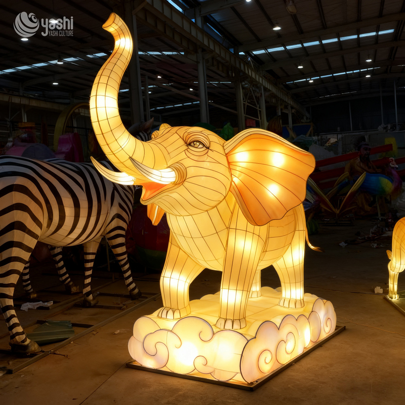 Custom Elephant LED Lantern, Realistic Animal Light Sculpture with Cloud Base for Zoo & Theme Park Lantern Exhibition