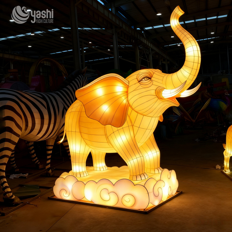 Custom Elephant LED Lantern, Realistic Animal Light Sculpture with Cloud Base for Zoo & Theme Park Lantern Exhibition