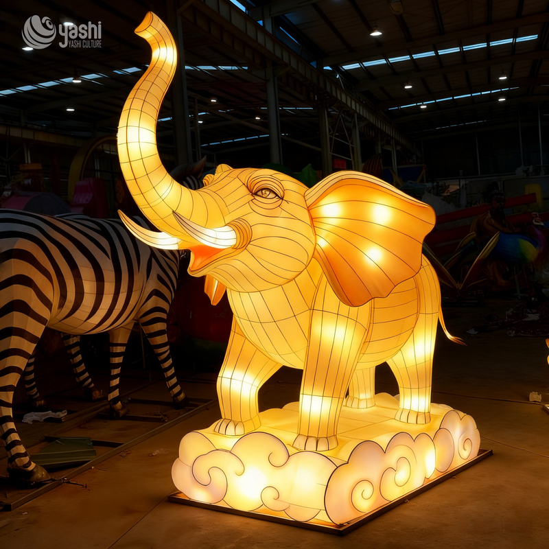 Custom Elephant LED Lantern, Realistic Animal Light Sculpture with Cloud Base for Zoo & Theme Park Lantern Exhibition