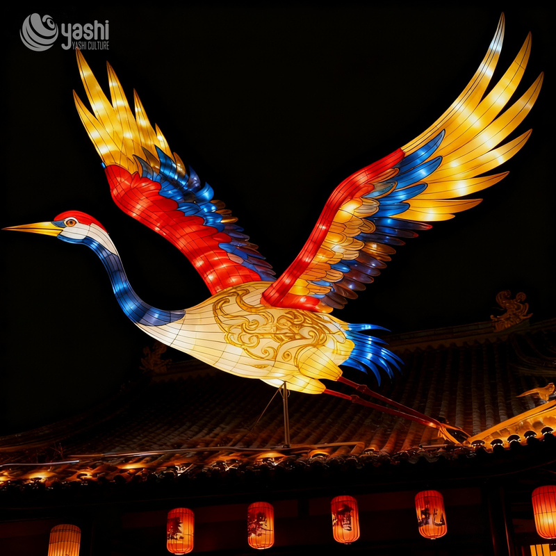 Custom Flying Red‑Crowned Crane Lantern, Traditional Chinese Bird LED Light Sculpture for Ancient Architecture Festival Display