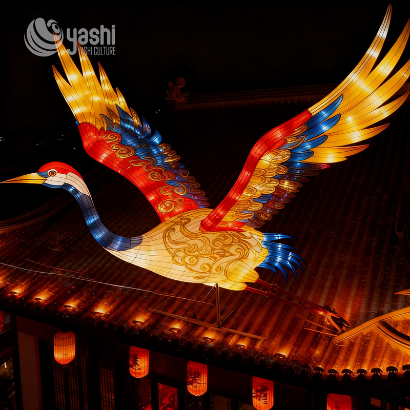Custom Flying Red‑Crowned Crane Lantern, Traditional Chinese Bird LED Light Sculpture for Ancient Architecture Festival Display