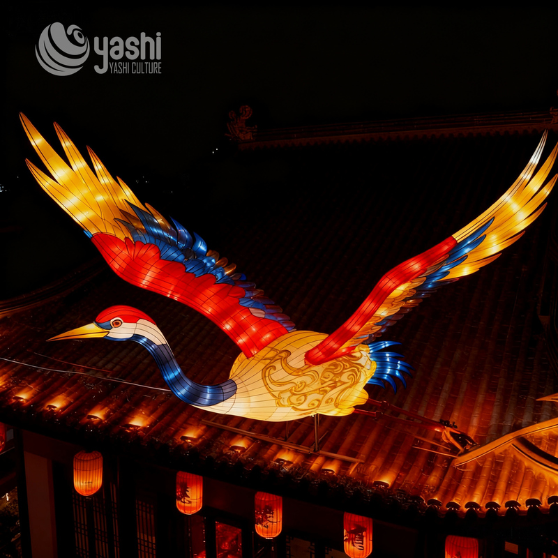 Custom Flying Red‑Crowned Crane Lantern, Traditional Chinese Bird LED Light Sculpture for Ancient Architecture Festival Display
