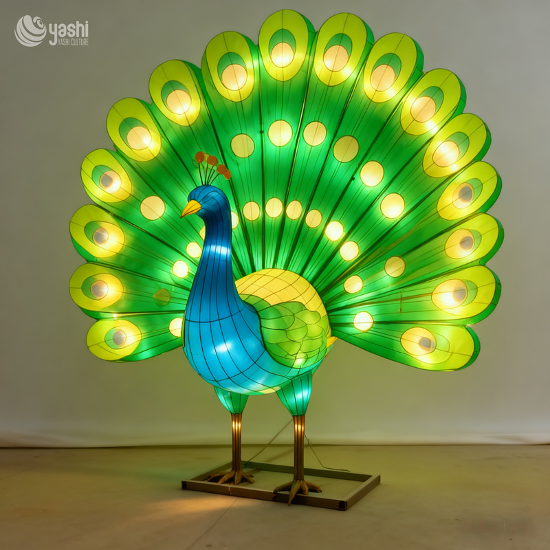 Custom Large Open‑Tail Peacock Lantern, Vivid Bird Animal LED Light Sculpture for Park Plaza Holiday Light Festival