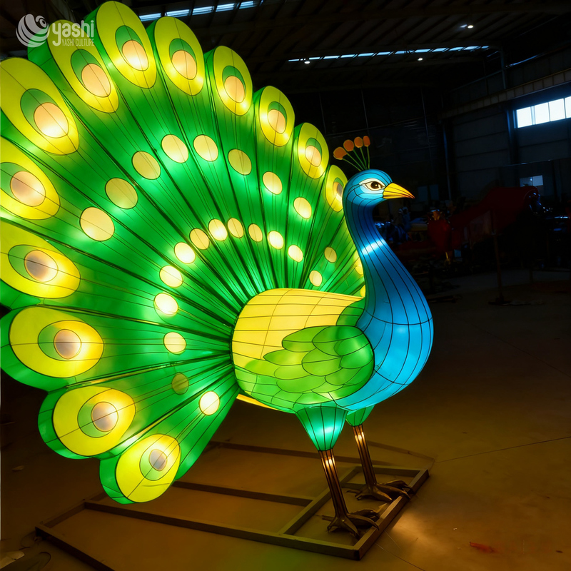 Custom Large Open‑Tail Peacock Lantern, Vivid Bird Animal LED Light Sculpture for Park Plaza Holiday Light Festival