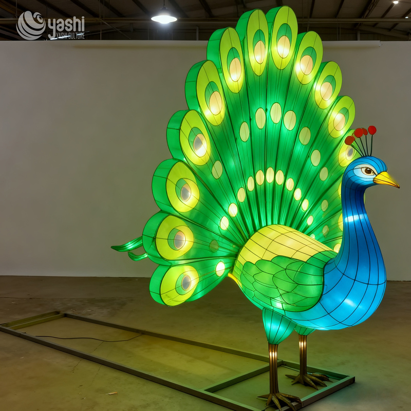 Custom Large Open‑Tail Peacock Lantern, Vivid Bird Animal LED Light Sculpture for Park Plaza Holiday Light Festival