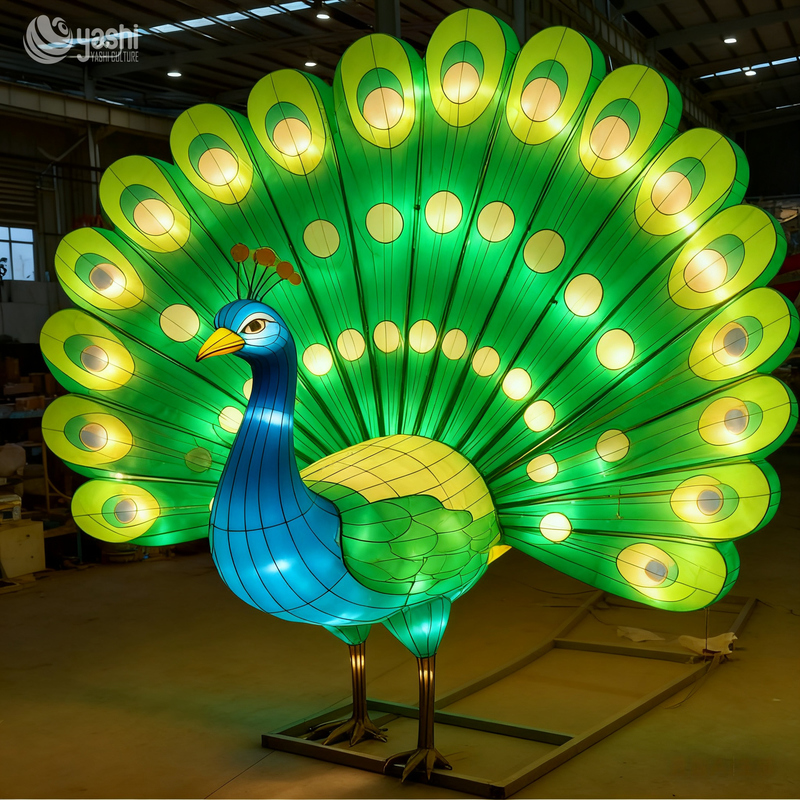 Custom Large Open‑Tail Peacock Lantern, Vivid Bird Animal LED Light Sculpture for Park Plaza Holiday Light Festival