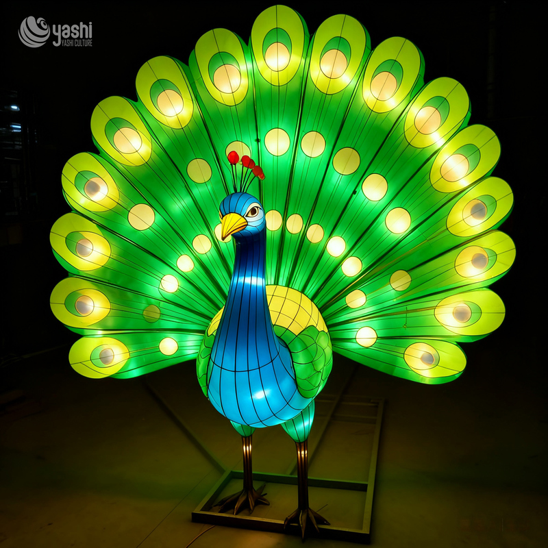 Custom Large Open‑Tail Peacock Lantern, Vivid Bird Animal LED Light Sculpture for Park Plaza Holiday Light Festival