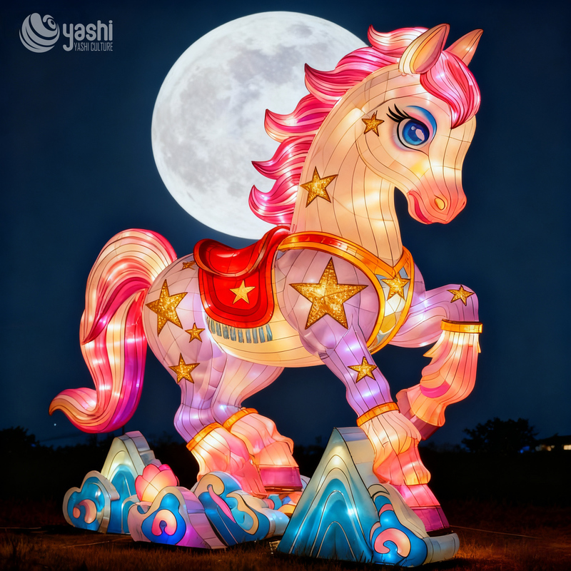 Custom Colorful Floral Unicorn Horse Lantern, Large Cartoon Animal LED Light Sculpture for City Street Festival Display