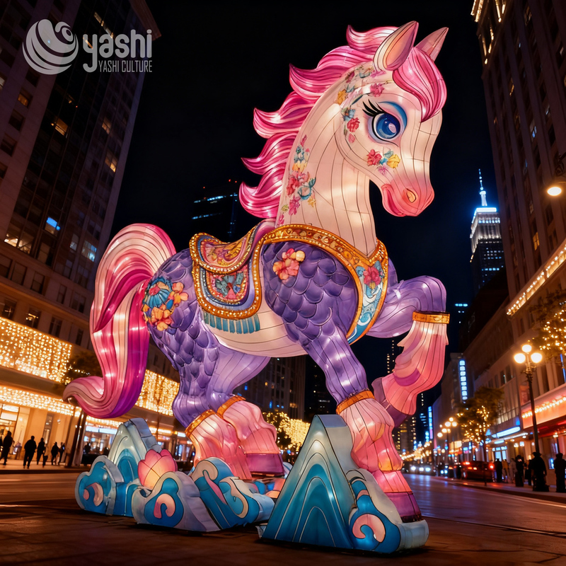 Custom Colorful Floral Unicorn Horse Lantern, Large Cartoon Animal LED Light Sculpture for City Street Festival Display