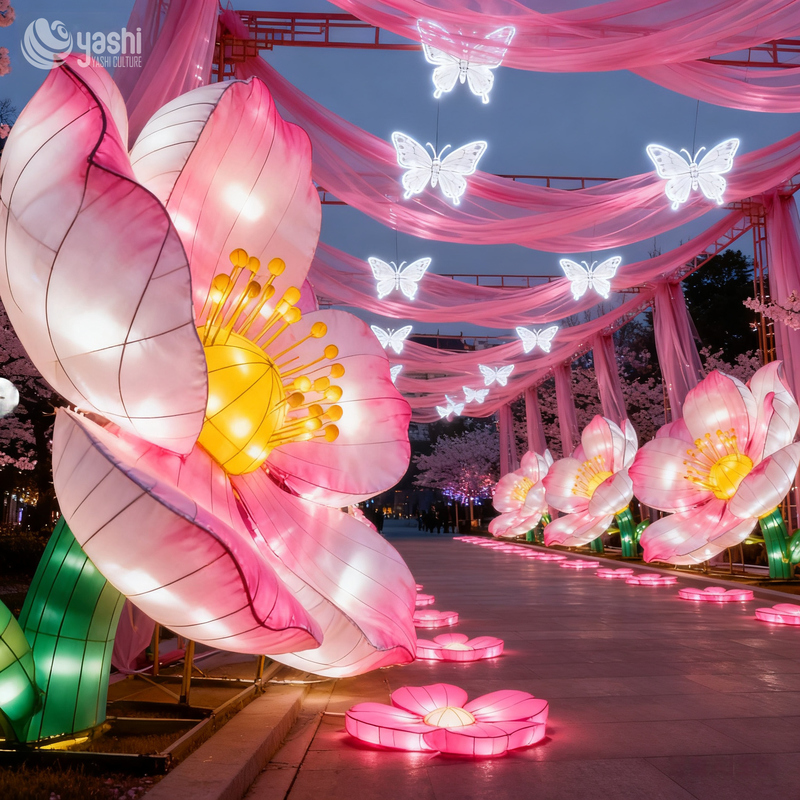 Custom Cherry Blossom Butterfly Walkway Lantern, Pink Fabric Flower & Hanging Butterfly LED Light Tunnel for Park, Scenic Spot & Spring Festival Event