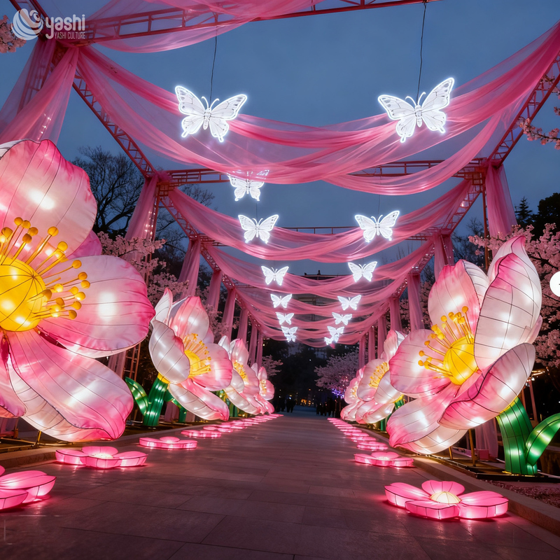Custom Cherry Blossom Butterfly Walkway Lantern, Pink Fabric Flower & Hanging Butterfly LED Light Tunnel for Park, Scenic Spot & Spring Festival Event