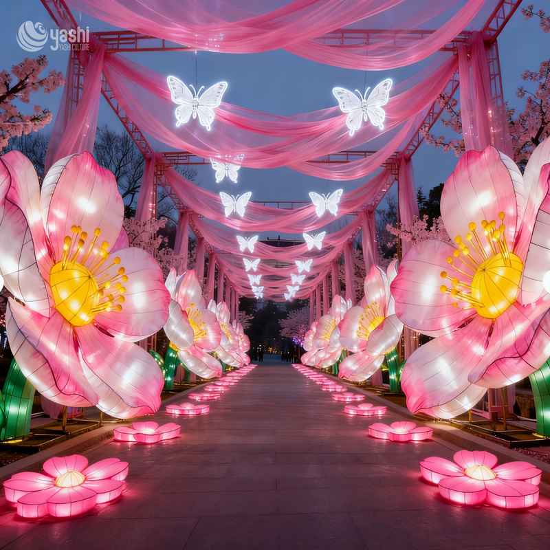 Custom Cherry Blossom Butterfly Walkway Lantern, Pink Fabric Flower & Hanging Butterfly LED Light Tunnel for Park, Scenic Spot & Spring Festival Event