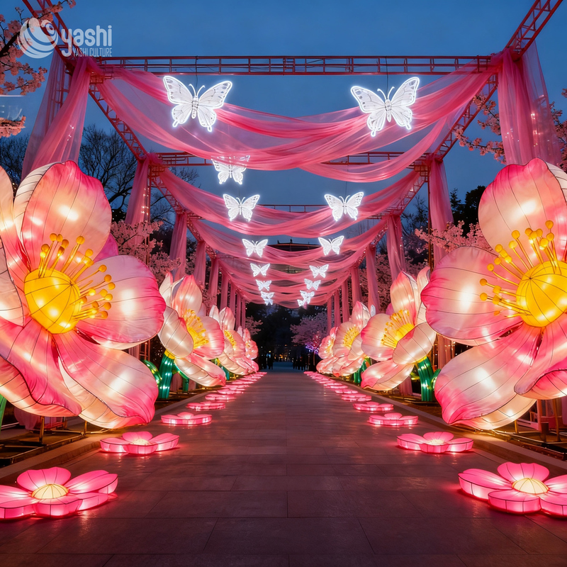 Custom Cherry Blossom Butterfly Walkway Lantern, Pink Fabric Flower & Hanging Butterfly LED Light Tunnel for Park, Scenic Spot & Spring Festival Event