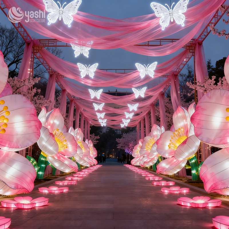 Custom Cherry Blossom Butterfly Walkway Lantern, Pink Fabric Flower & Hanging Butterfly LED Light Tunnel for Park, Scenic Spot & Spring Festival Event