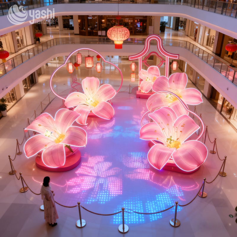 Artificial Pink Lily LED Lantern Installation for Commercial Street Holiday Decoration