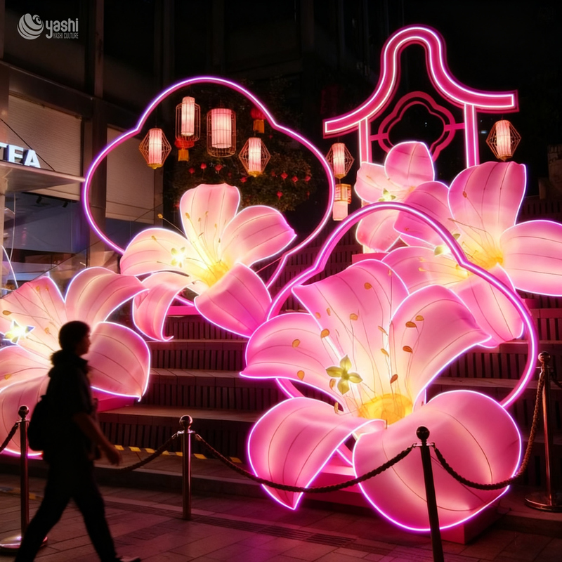 Artificial Pink Lily LED Lantern Installation for Commercial Street Holiday Decoration