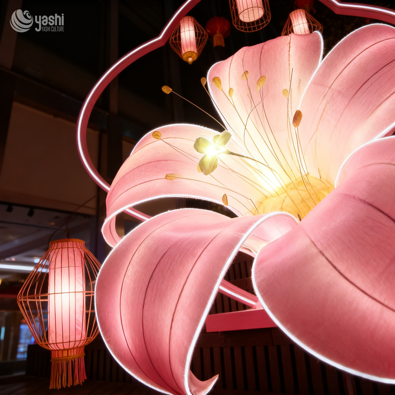 Artificial Pink Lily LED Lantern Installation for Commercial Street Holiday Decoration