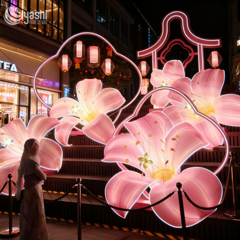 Artificial Pink Lily LED Lantern Installation for Commercial Street Holiday Decoration