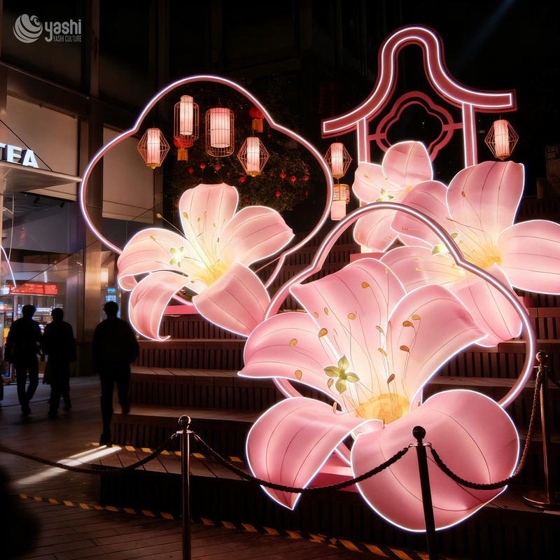 Artificial Pink Lily LED Lantern Installation for Commercial Street Holiday Decoration