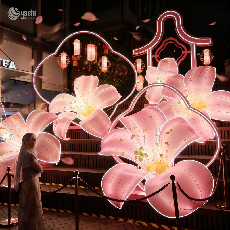 Artificial Pink Lily LED Lantern Installation for Commercial Street Holiday Decoration
