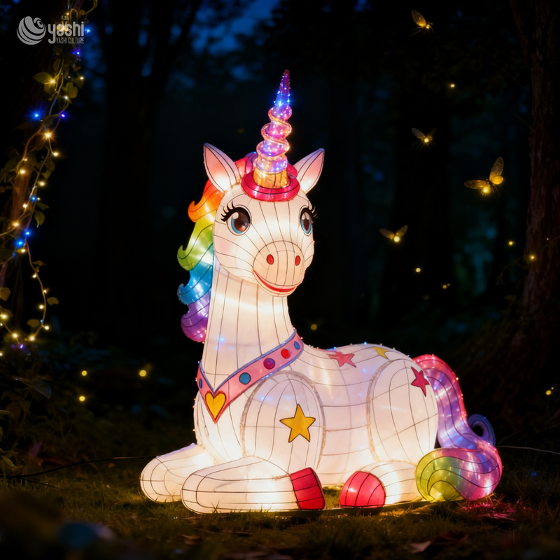 Custom Giant Rainbow Unicorn Zigong Lantern, LED Mythical Creature Light Sculpture for Outdoor Theme Park Night Festival