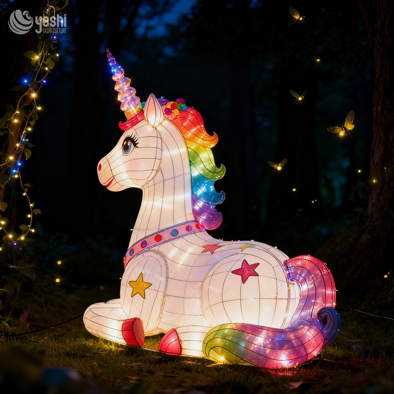 Custom Giant Rainbow Unicorn Zigong Lantern, LED Mythical Creature Light Sculpture for Outdoor Theme Park Night Festival