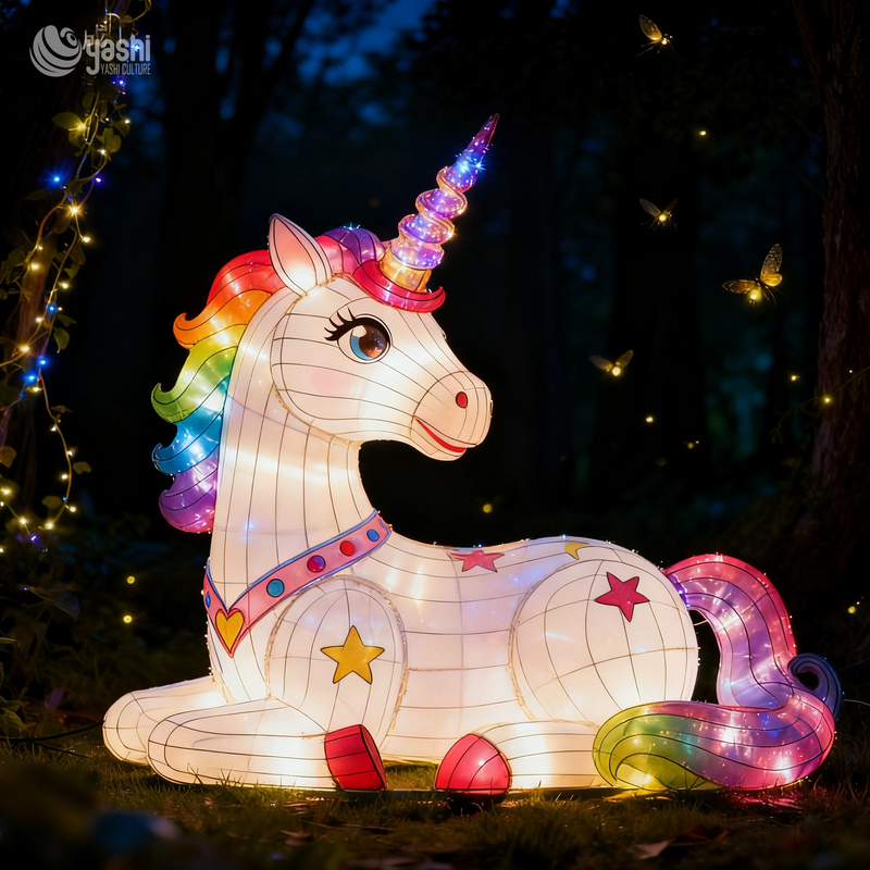 Custom Giant Rainbow Unicorn Zigong Lantern, LED Mythical Creature Light Sculpture for Outdoor Theme Park Night Festival