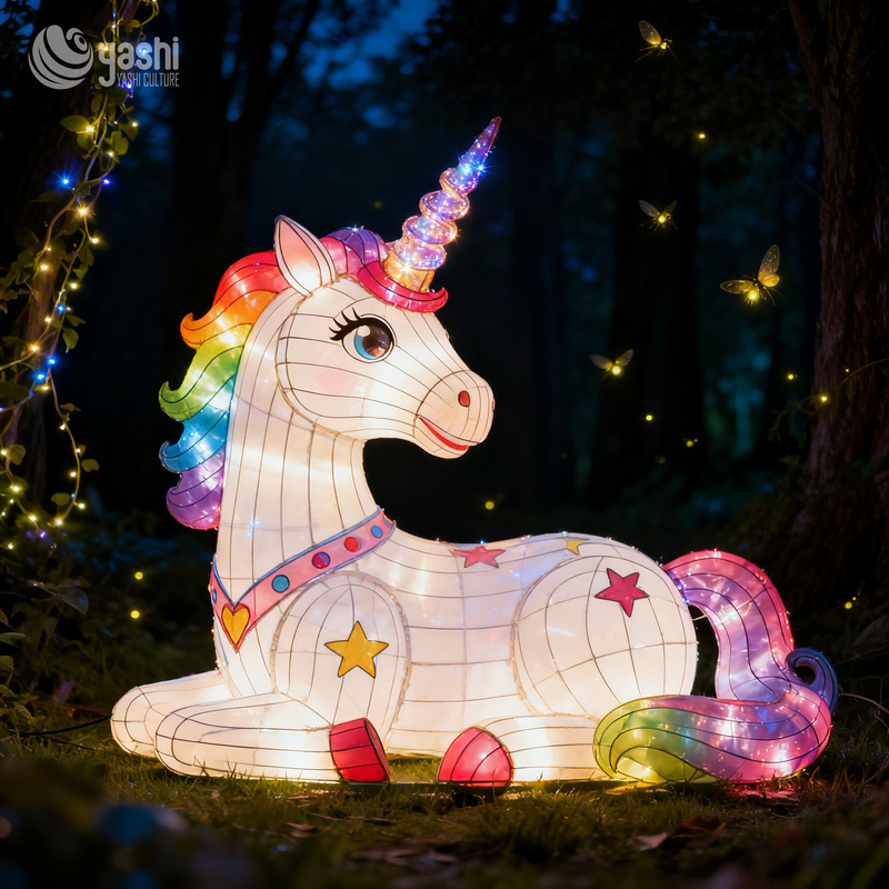 Custom Giant Rainbow Unicorn Zigong Lantern, LED Mythical Creature Light Sculpture for Outdoor Theme Park Night Festival