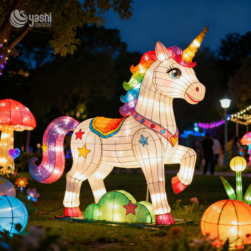 Custom Giant Rainbow Unicorn Zigong Lantern, LED Mythical Creature Light Sculpture for Outdoor Theme Park Night Festival