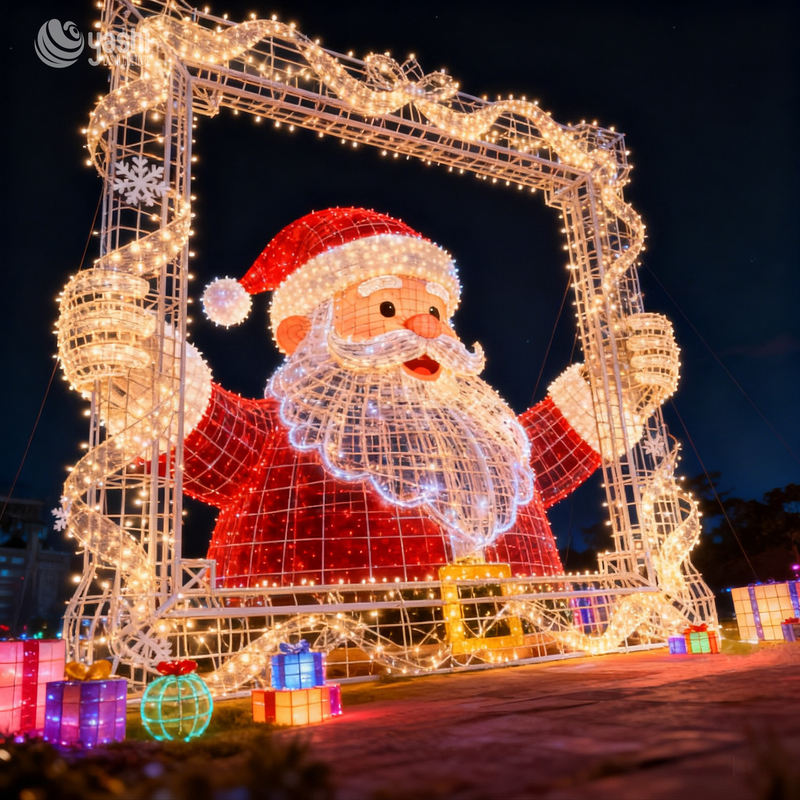 Custom Giant LED Santa Claus Frame Motif Light, Outdoor Waterproof Christmas Arch Light Sculpture For Mall Square Display