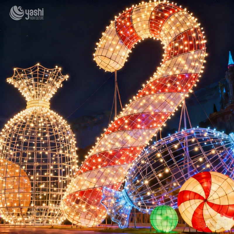 Custom Giant Candy Cane & Gift Bag LED Wireframe Light Set, Outdoor Waterproof Christmas Motif Light Sculpture for Plaza Light Festival
