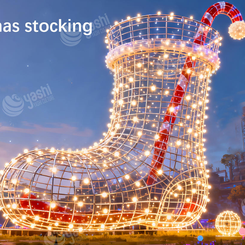 Custom Giant Christmas Stocking Wireframe LED Light Sculpture, Outdoor Waterproof Light Ornament for Mall Plaza Holiday Decor