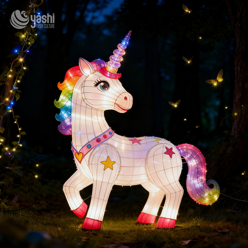 Custom Standing Rainbow Unicorn Zigong Lantern, Large LED Fantasy Animal Light Sculpture for Outdoor Theme Park Night Event