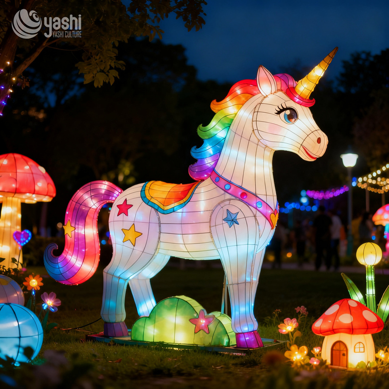 Custom Standing Rainbow Unicorn Zigong Lantern, Large LED Fantasy Animal Light Sculpture for Outdoor Theme Park Night Event