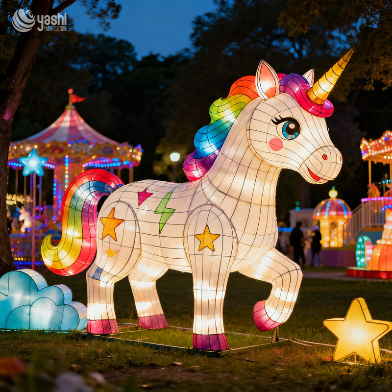 Custom Standing Rainbow Unicorn Zigong Lantern, Large LED Fantasy Animal Light Sculpture for Outdoor Theme Park Night Event