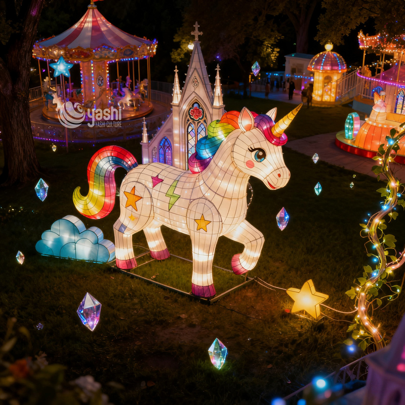 Custom Standing Rainbow Unicorn Zigong Lantern, Large LED Fantasy Animal Light Sculpture for Outdoor Theme Park Night Event