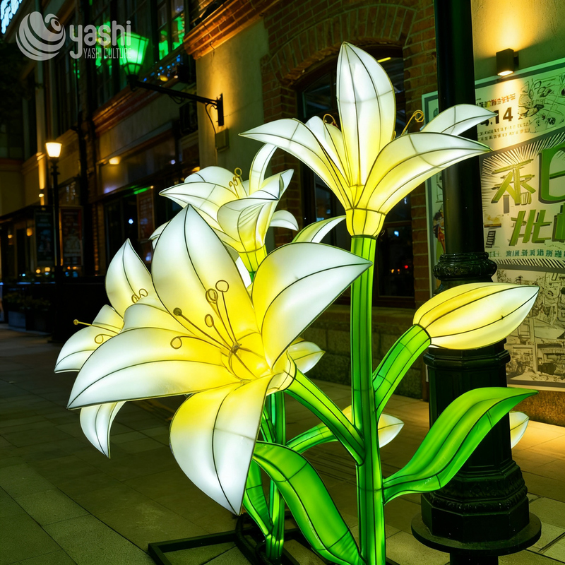Custom Lily Flower LED Lantern Set, Realistic Floral Light Sculpture for Garden & Street Light Festival