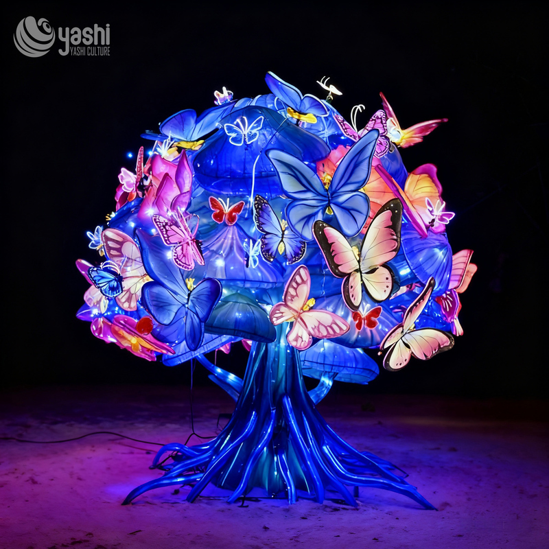 Custom Fantasy Mushroom Tree Lantern With Colorful Butterflies, Large LED Light Sculpture for Theme Park & Night Festival