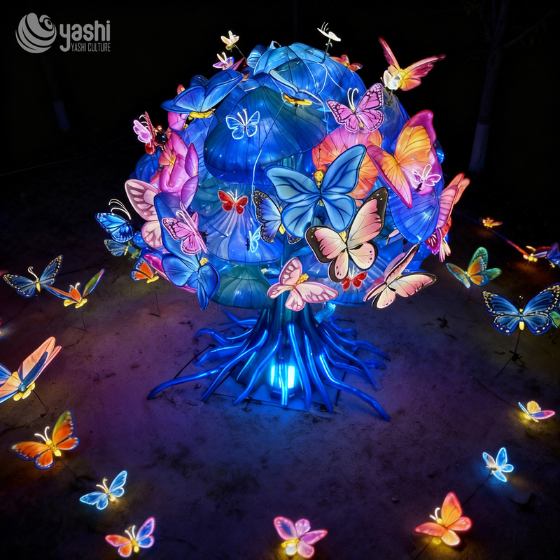Custom Fantasy Mushroom Tree Lantern With Colorful Butterflies, Large LED Light Sculpture for Theme Park & Night Festival